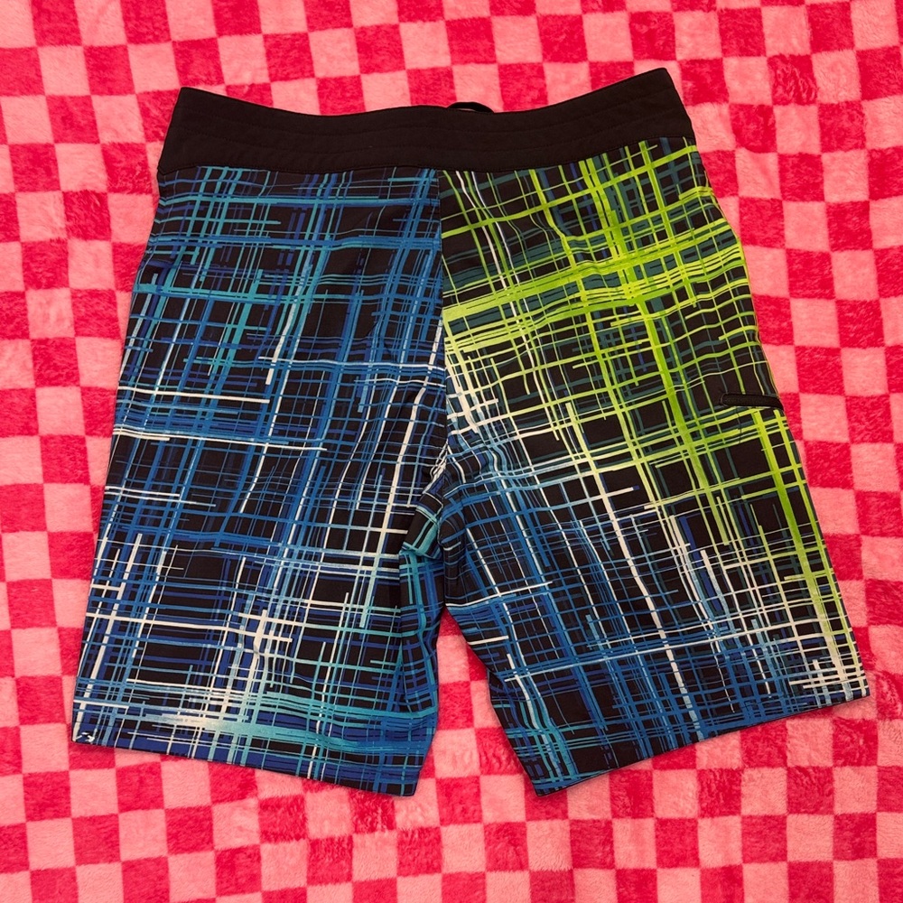 Adidas Blue and Lime Plaid Men’s Swim Trunks - Picture 5 of 5